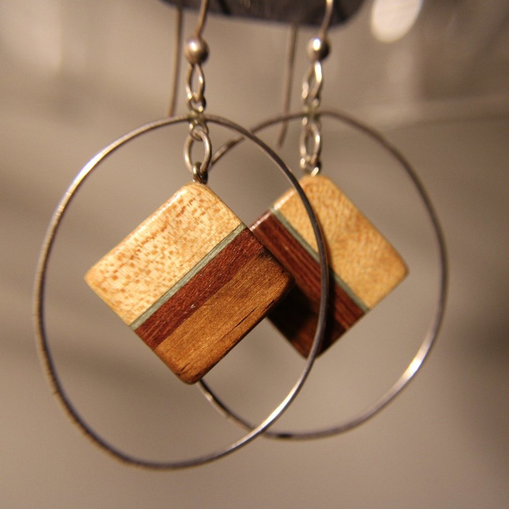 Naturally Beautiful Varnished Wood Earrings Suspended inside a Silver Hoop
